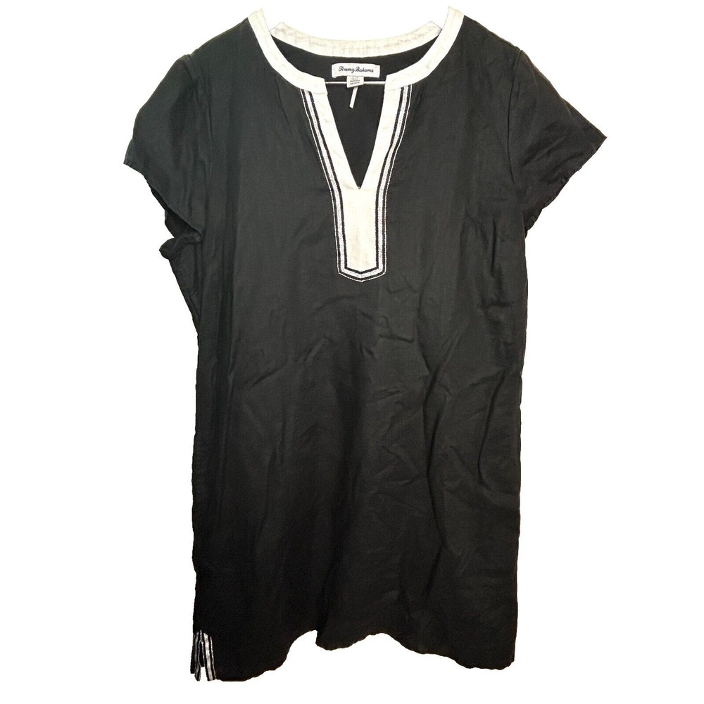 Tommy Bahama Dress Womens Small Black 100% Linen Sleeveless Glitter Shift Pocket